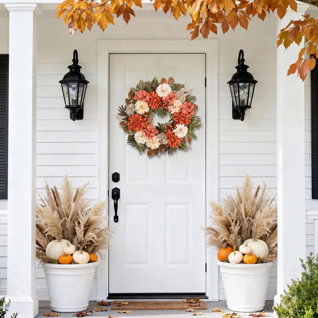 MDSTBN 24" Fall Wreaths for Front Door with Mums Dahlias Queen Anne&