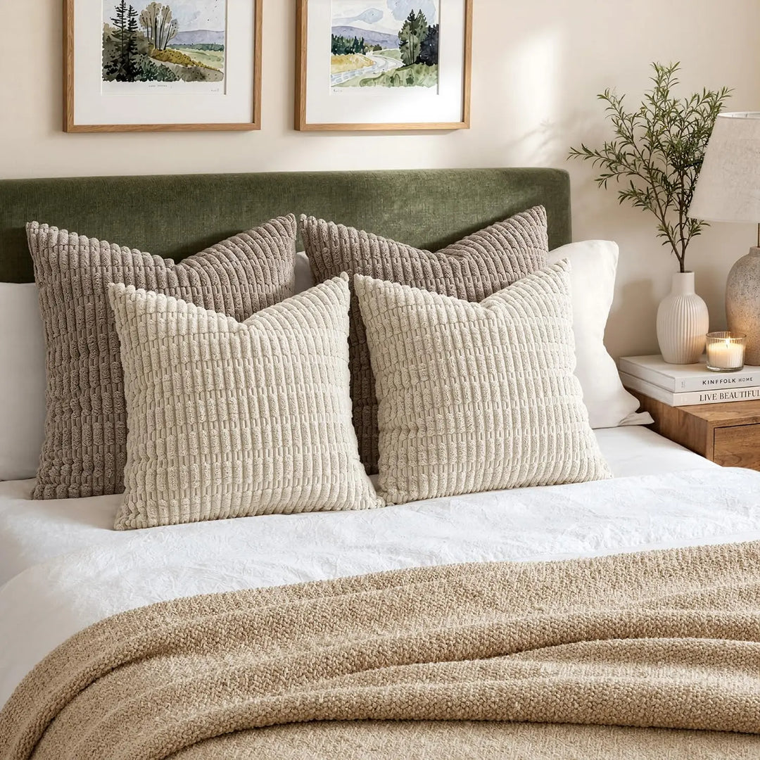 MIULEE Corduroy Decorative Throw Pillow Covers 18x18 Cream White Pack of 2