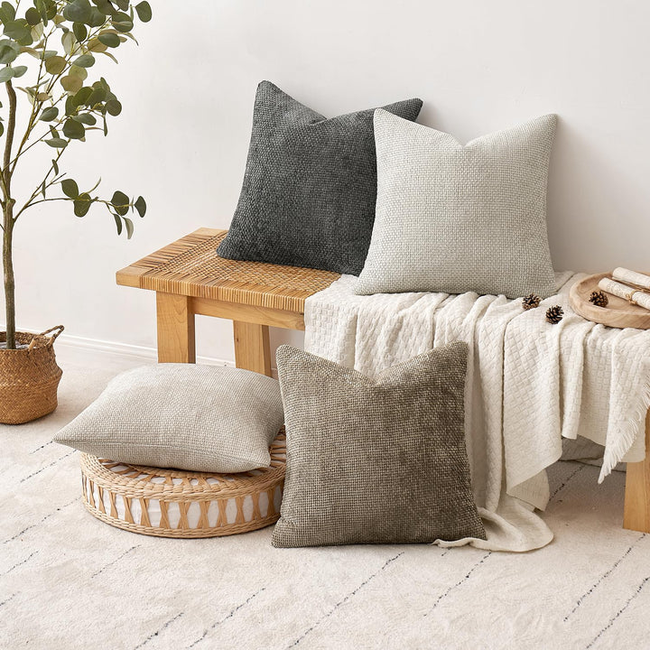 MIULEE Soft Decorative Chenille Pillow Covers Neutral 18x18 Pack of 4 