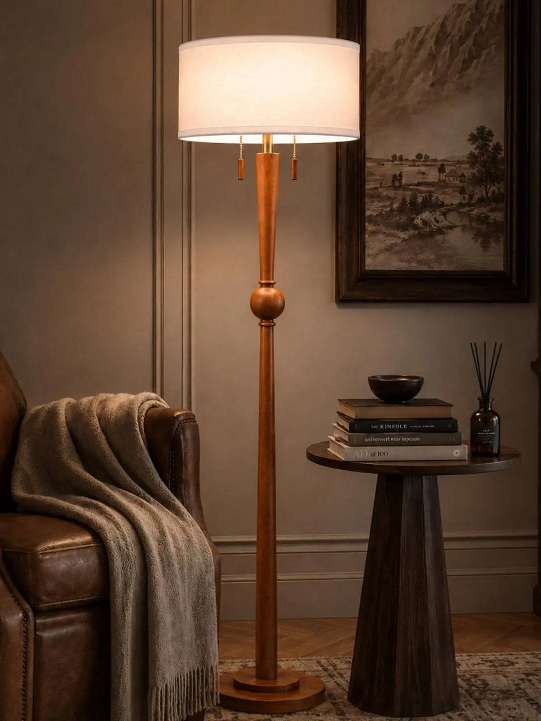 MOFFE Solid Wood Floor Lamp for Living Room, Pull Chains Standing Lamp