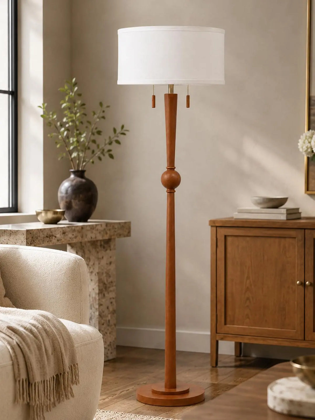 MOFFE Solid Wood Floor Lamp for Living Room, Pull Chains Standing Lamp