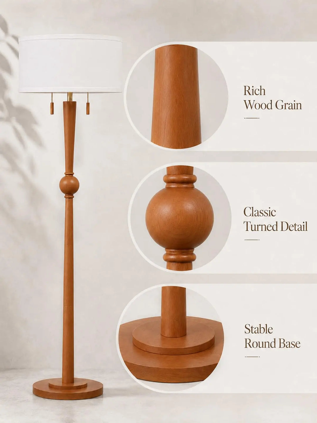 MOFFE Solid Wood Floor Lamp for Living Room, Pull Chains Standing Lamp