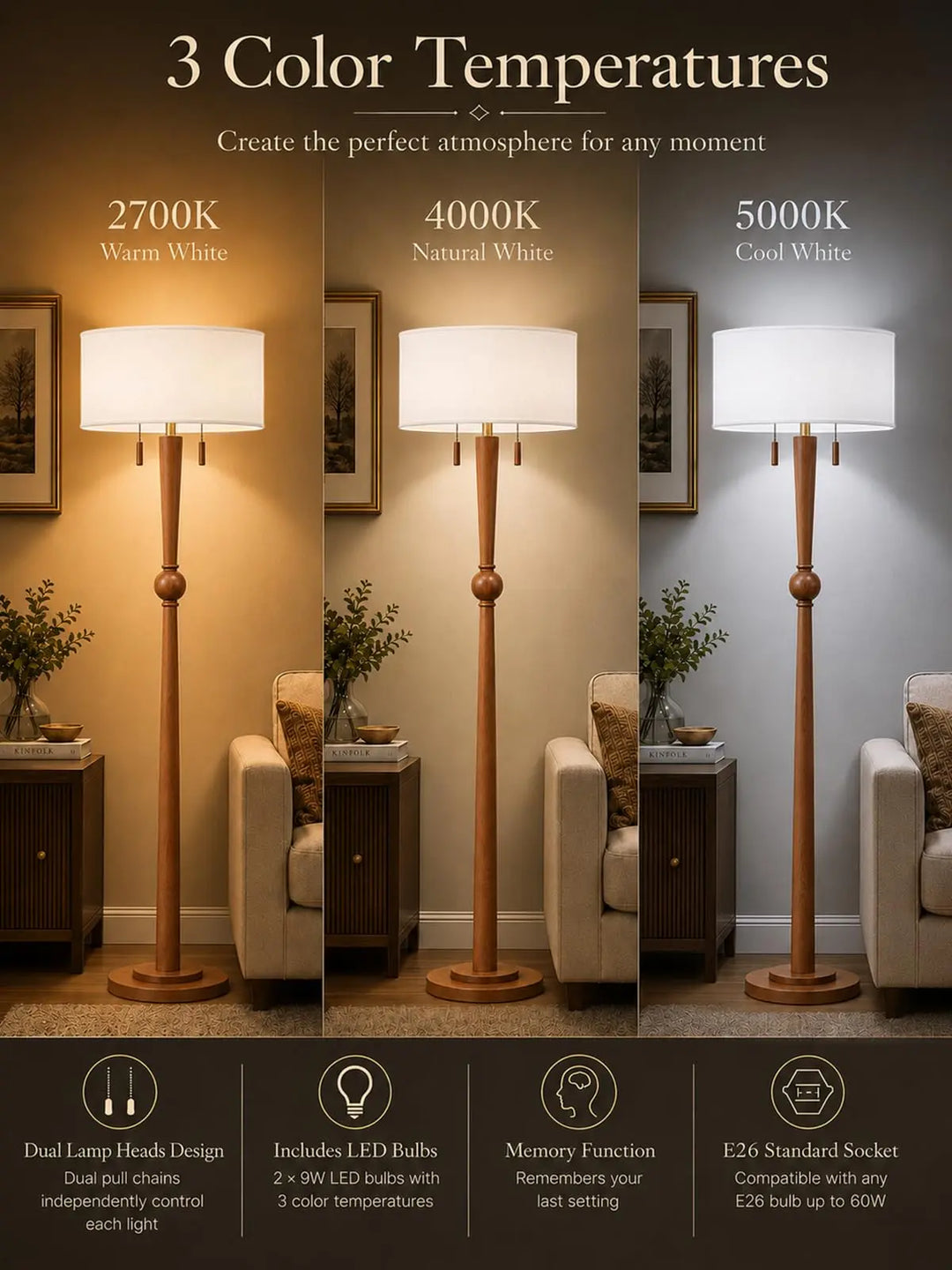 MOFFE Solid Wood Floor Lamp for Living Room, Pull Chains Standing Lamp