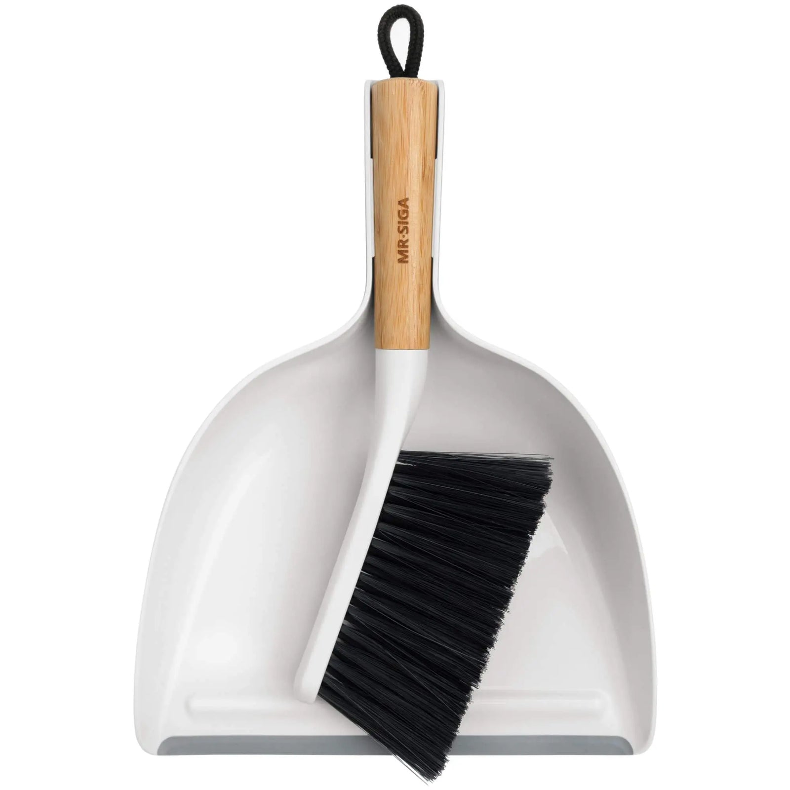 MR.SIGA portable dustpan and brush set with bamboo handle, designed for easy storage and quick clean-ups.