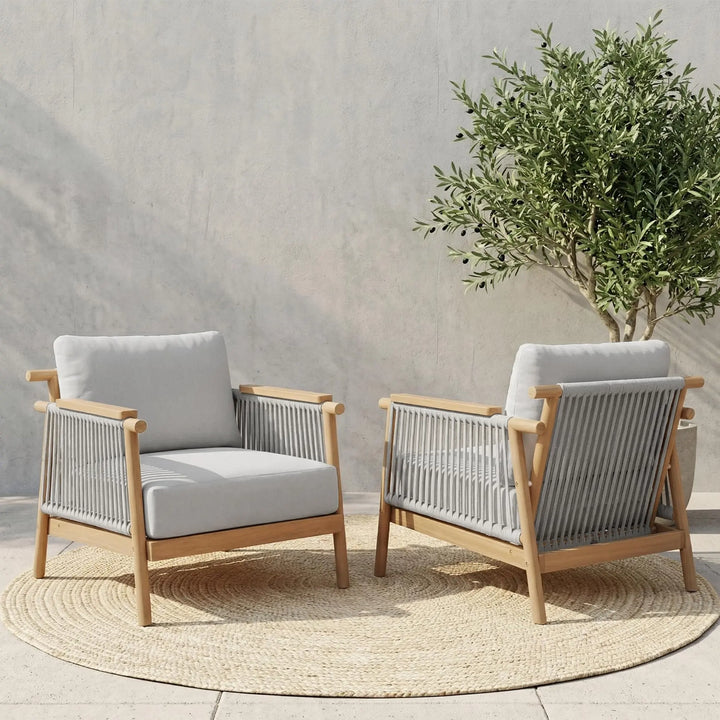 Macrout Patio Rattan Chair Set of 2, Outdoor Wicker Furniture with 7.9″ Thickened Cushions and Acacia Wood Frame for Backyard, Deck, Indoor (2, Light Grey) 