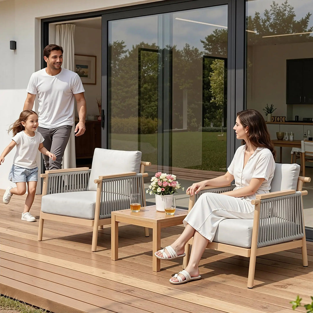 Macrout Patio Rattan Chair Set of 2, Outdoor Wicker Furniture with 7.9″ Thickened Cushions and Acacia Wood Frame for Backyard, Deck, Indoor (2, Light Grey) 