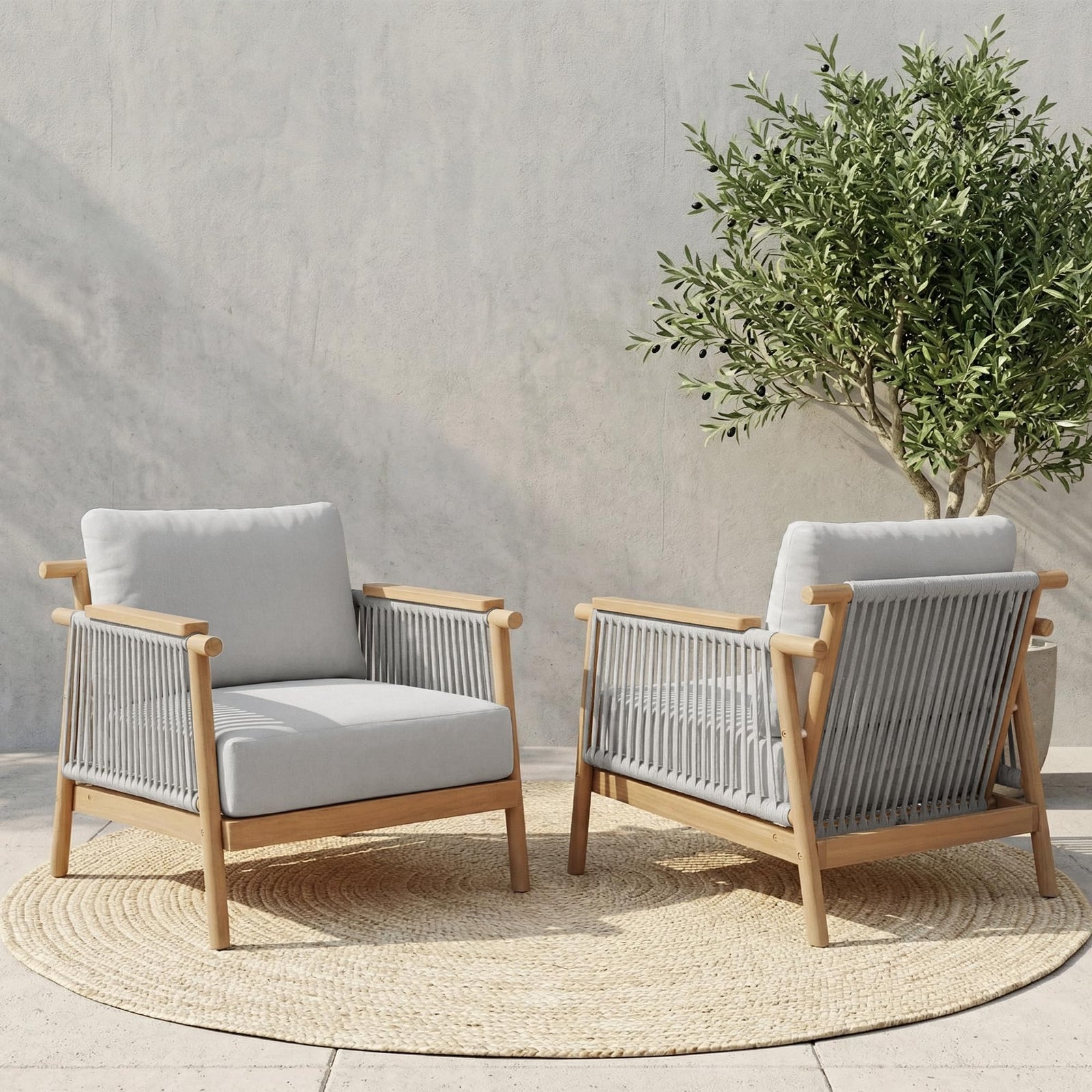 Macrout Patio Rattan Chair Set of 2, Outdoor Wicker Furniture with 7.9″ Thickened Cushions and Acacia Wood Frame for Backyard, Deck, Indoor (2, Light Grey) 