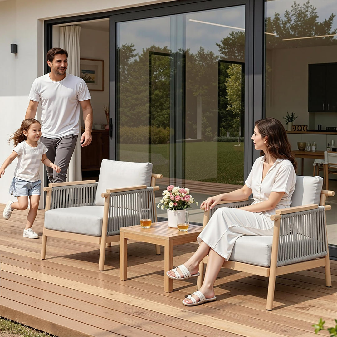 Macrout Patio Rattan Chair Set of 2, Outdoor Wicker Furniture with 7.9″ Thickened Cushions and Acacia Wood Frame for Backyard, Deck, Indoor (2, Light Grey) 