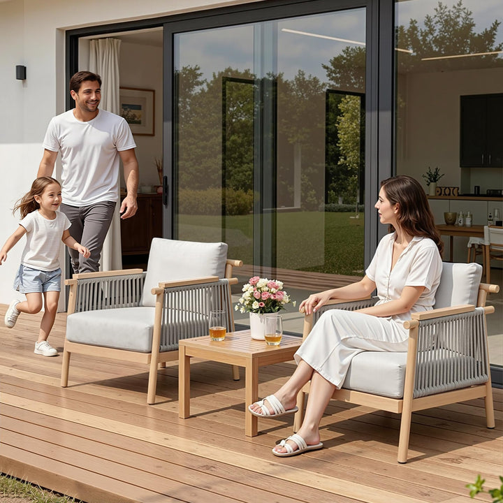 Macrout Patio Rattan Chair Set of 2, Outdoor Wicker Furniture with 7.9″ Thickened Cushions and Acacia Wood Frame for Backyard, Deck, Indoor (2, Light Grey) 