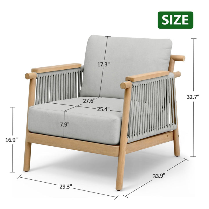 Macrout Patio Rattan Chair Set of 2, Outdoor Wicker Furniture with 7.9″ Thickened Cushions and Acacia Wood Frame for Backyard, Deck, Indoor (2, Light Grey) 