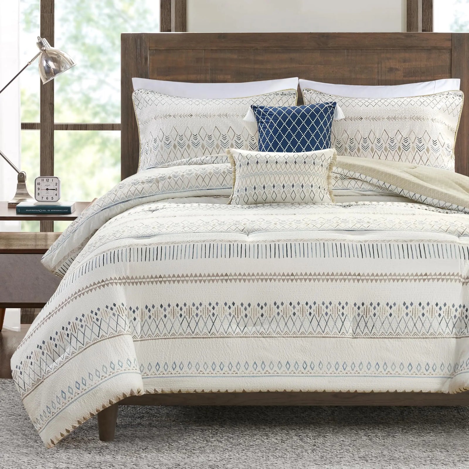 Madison Park Boho Comforter Set Queen Size,Seersucker Southwestern Farmhouse Queen Size Comforters, Diamond Printed Reverse, All Season Microfiber Fluffy Bedding Set, Full/Queen, Taupe/Blue 5 Pieces 