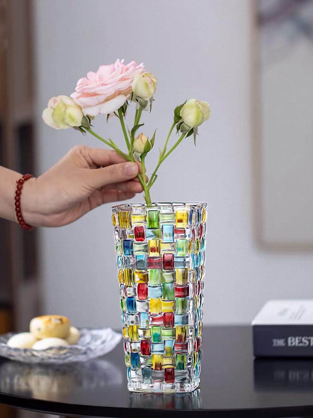 Magcolor Hand Painted Colorful Woven Glass Vase -Crystal Flower Vase- 7.7 inch, Glass Plant Vase for Floral Arrangements, Centerpieces, Weddings, Housewarming, Centerpiece Home Deco 