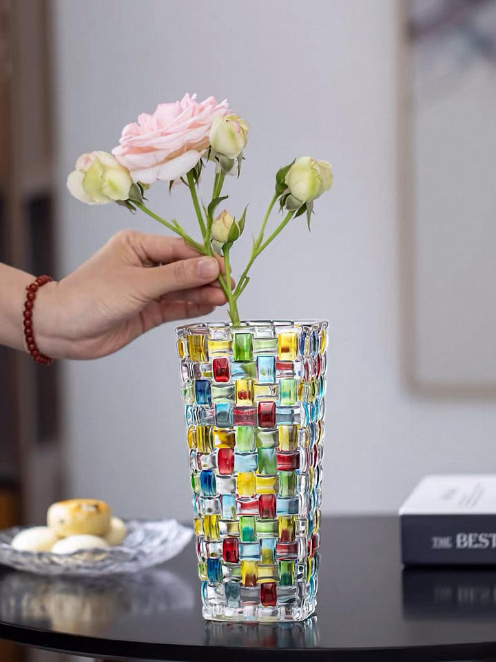 Magcolor Hand Painted Colorful Woven Glass Vase -Crystal Flower Vase- 7.7 inch, Glass Plant Vase for Floral Arrangements, Centerpieces, Weddings, Housewarming, Centerpiece Home Deco 