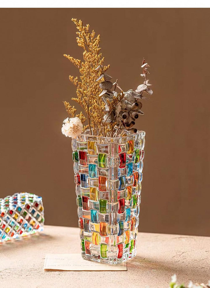 Magcolor Hand Painted Colorful Woven Glass Vase -Crystal Flower Vase- 7.7 inch, Glass Plant Vase for Floral Arrangements, Centerpieces, Weddings, Housewarming, Centerpiece Home Deco 