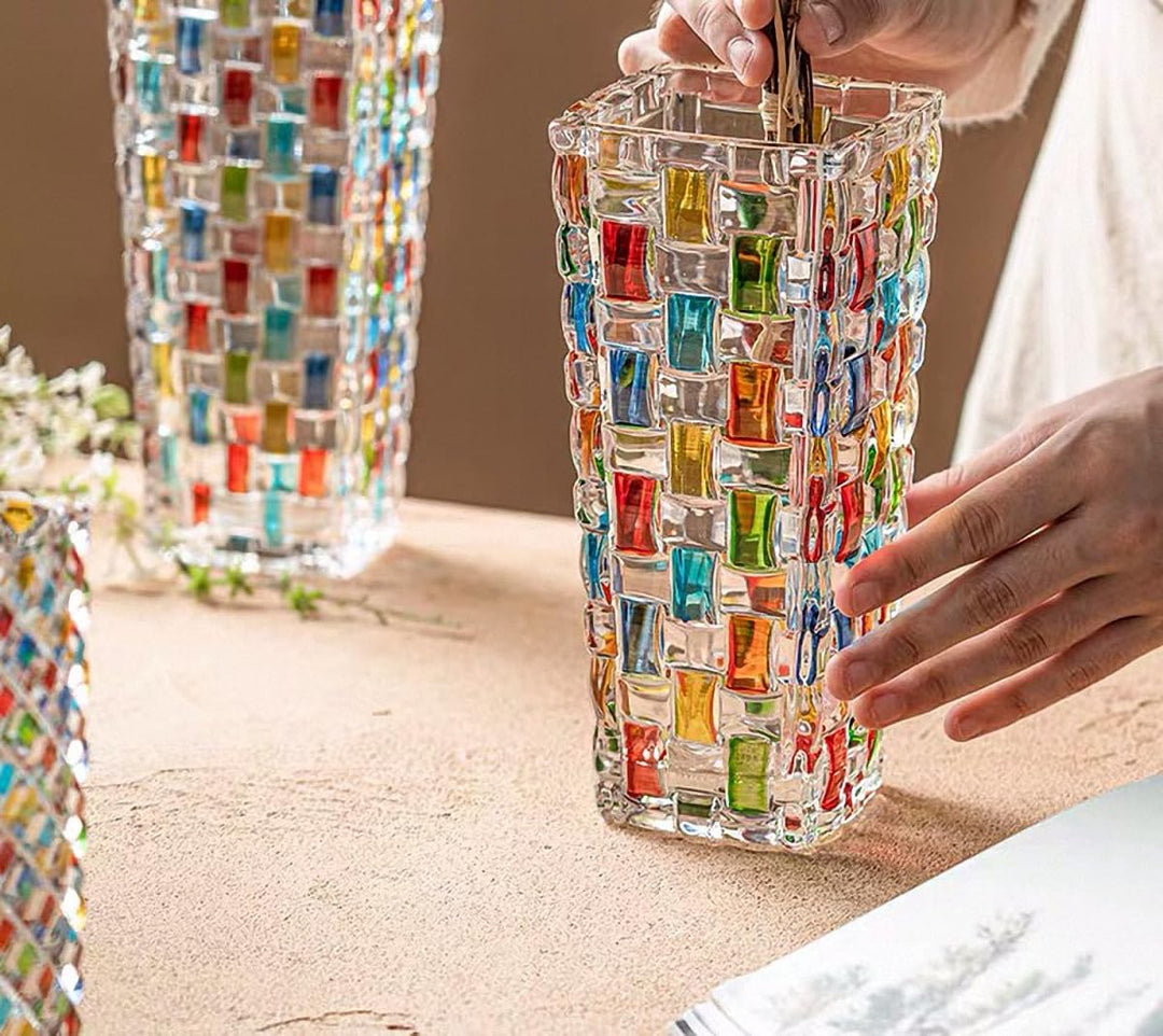 Magcolor Hand Painted Colorful Woven Glass Vase -Crystal Flower Vase- 7.7 inch, Glass Plant Vase for Floral Arrangements, Centerpieces, Weddings, Housewarming, Centerpiece Home Deco 