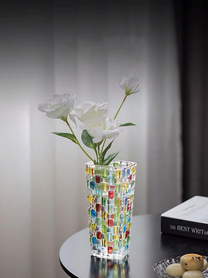 Magcolor Hand Painted Colorful Woven Glass Vase -Crystal Flower Vase- 7.7 inch, Glass Plant Vase for Floral Arrangements, Centerpieces, Weddings, Housewarming, Centerpiece Home Deco 