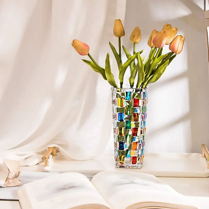 Magcolor Hand Painted Colorful Woven Glass Vase -Crystal Flower Vase- 7.7 inch, Glass Plant Vase for Floral Arrangements, Centerpieces, Weddings, Housewarming, Centerpiece Home Deco 