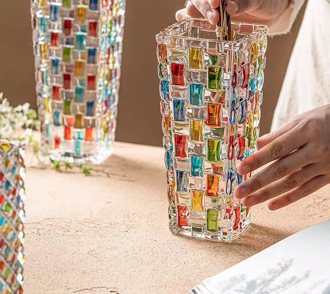 Magcolor Hand Painted Colorful Woven Glass Vase -Crystal Flower Vase- 7.7 inch, Glass Plant Vase for Floral Arrangements, Centerpieces, Weddings, Housewarming, Centerpiece Home Deco 