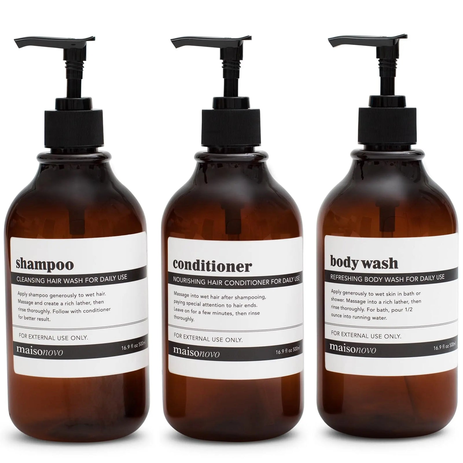 MaisoNovo Refillable Shampoo and Conditioner Bottles | 16.9 fl oz Set of 3 Amber Plastic Bottles Black Pumps 