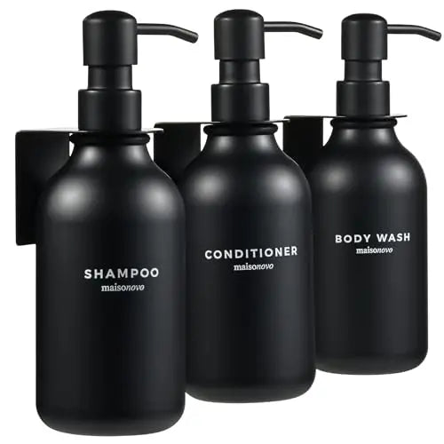 MaisoNovo Shampoo and Conditioner Dispenser - Shower Soap Dispenser Wall Mounted - 16.9 fl oz Set of 3 Black Plastic Bottles Black Pump - Shampoo Dispenser, Shower Dispenser 3 Chamber No Drill 