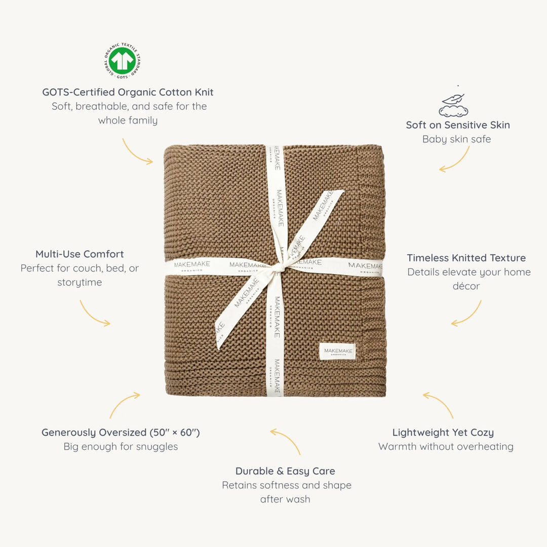 MakeMake Organics Organic Cotton Throw Blanket, GOTS Certified, 50x60, Brown