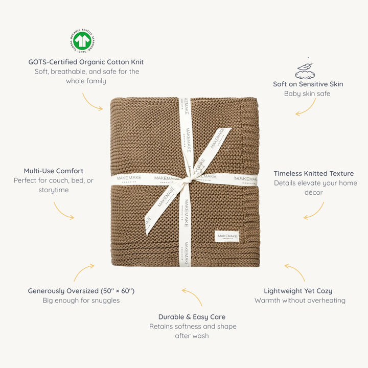 MakeMake Organics Organic Cotton Throw Blanket, GOTS Certified, 50x60, Brown