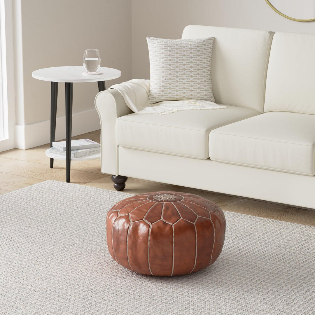 Marrakesh Gallery Genuine Leather Round Pouf Cover - Handmade Moroccan Ottoman Footstool, Unstuffed Footrest - Boho Decor - Bohemian Living Room, Bedroom, Kids Room - Housewarming Gift &amp; Wedding 