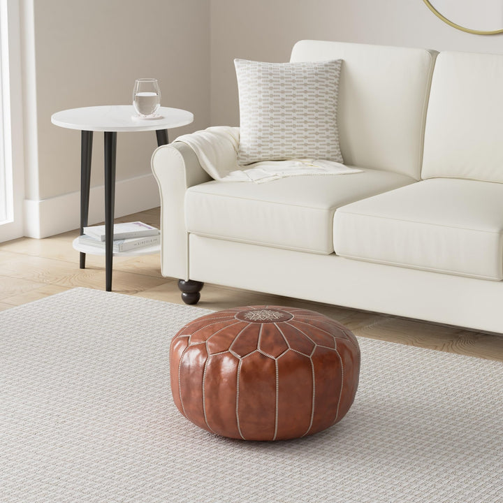 Marrakesh Gallery Genuine Leather Round Pouf Cover - Handmade Moroccan Ottoman Footstool, Unstuffed Footrest - Boho Decor - Bohemian Living Room, Bedroom, Kids Room - Housewarming Gift &amp; Wedding 
