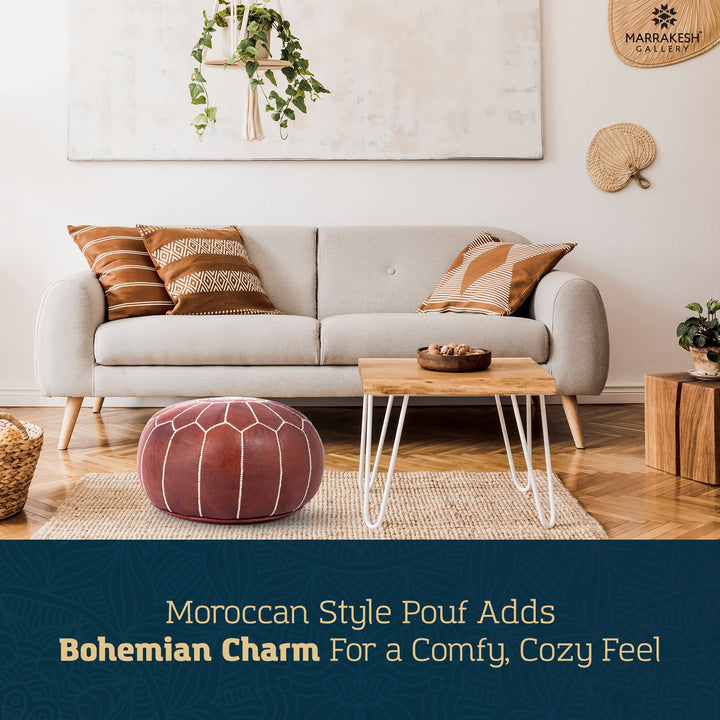 Marrakesh Gallery Genuine Leather Round Pouf Cover - Handmade Moroccan Ottoman Footstool, Unstuffed Footrest - Boho Decor - Bohemian Living Room, Bedroom, Kids Room - Housewarming Gift &amp; Wedding 