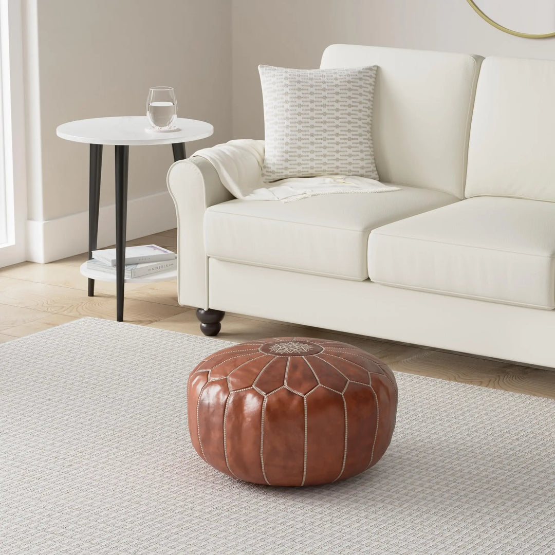 Marrakesh Gallery Genuine Leather Round Pouf Cover - Handmade Moroccan Ottoman Footstool, Unstuffed Footrest - Boho Decor - Bohemian Living Room, Bedroom, Kids Room - Housewarming Gift &amp; Wedding 