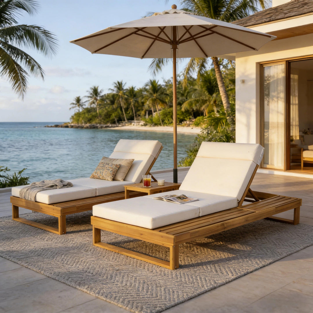 Merax 2 Piece Teak Finish Acacia Wood Chaise Lounge with 4-Inch Cream 4-Fold Cushion Set, Adjustable Outdoor Patio Lounger with Flat Side Surface, for Poolside 