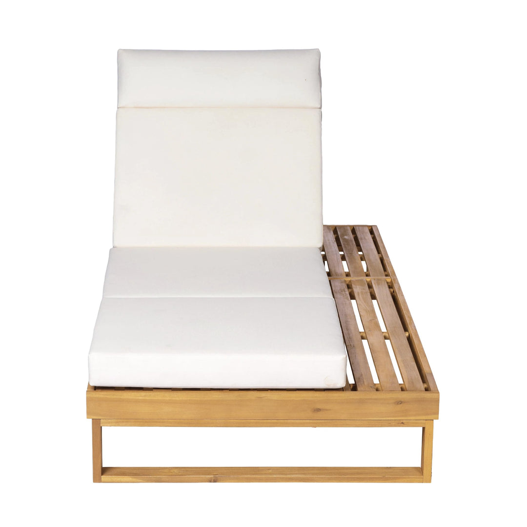 Merax 2 Piece Teak Finish Acacia Wood Chaise Lounge with 4-Inch Cream 4-Fold Cushion Set, Adjustable Outdoor Patio Lounger with Flat Side Surface, for Poolside 