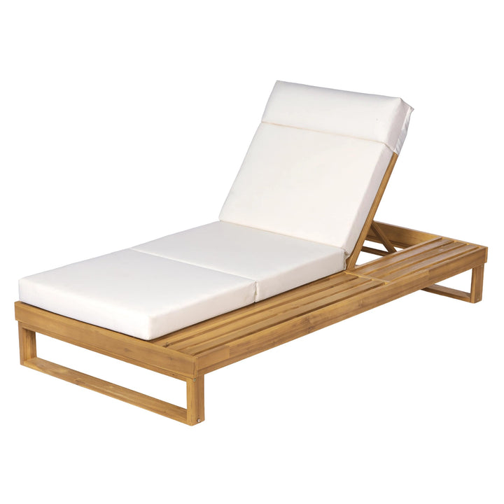 Merax 2 Piece Teak Finish Acacia Wood Chaise Lounge with 4-Inch Cream 4-Fold Cushion Set, Adjustable Outdoor Patio Lounger with Flat Side Surface, for Poolside 