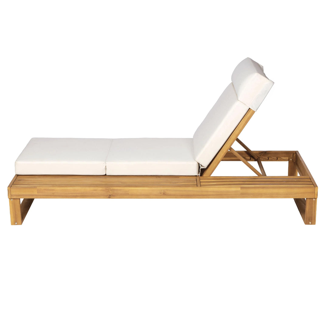 Merax 2 Piece Teak Finish Acacia Wood Chaise Lounge with 4-Inch Cream 4-Fold Cushion Set, Adjustable Outdoor Patio Lounger with Flat Side Surface, for Poolside 