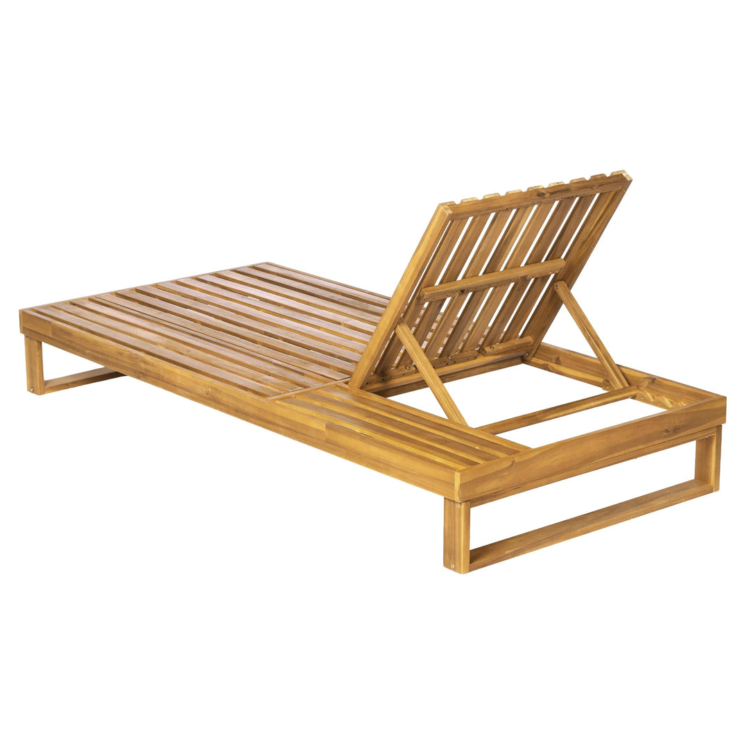 Merax 2 Piece Teak Finish Acacia Wood Chaise Lounge with 4-Inch Cream 4-Fold Cushion Set, Adjustable Outdoor Patio Lounger with Flat Side Surface, for Poolside 