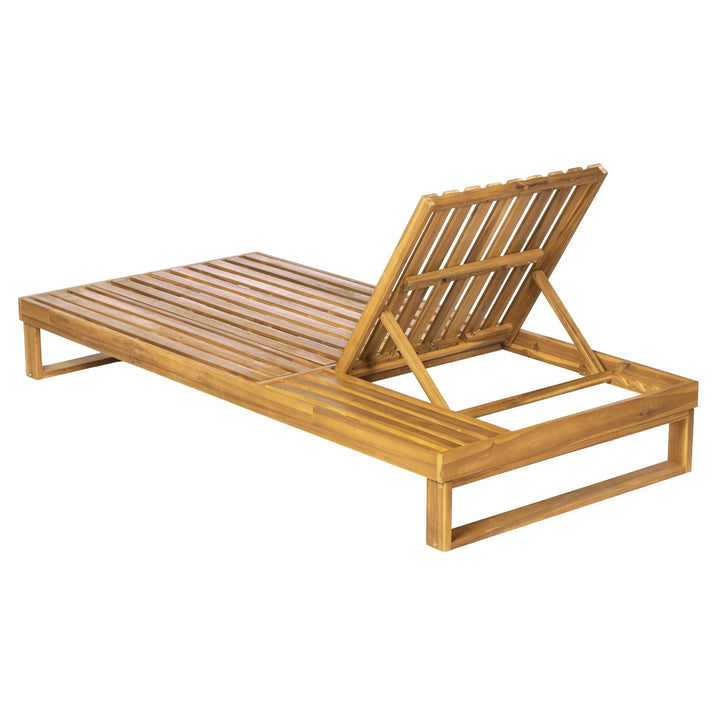 Merax 2 Piece Teak Finish Acacia Wood Chaise Lounge with 4-Inch Cream 4-Fold Cushion Set, Adjustable Outdoor Patio Lounger with Flat Side Surface, for Poolside 