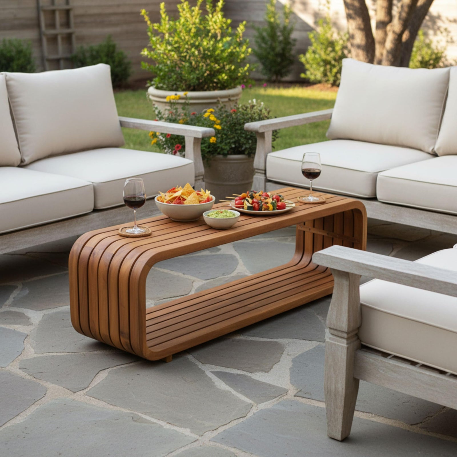Merax Outdoor Acacia Wood Rectangular Coffee Table with Shelf, Patio Sofa Center Table for Backyard, Lawn, Balcony, No Assembly Needed, Teak 