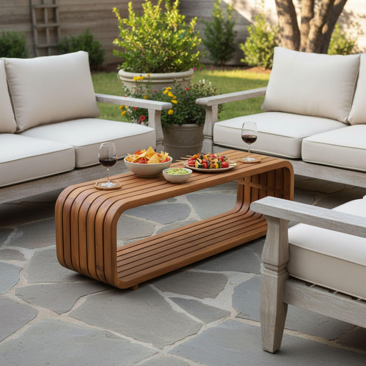 Merax Outdoor Acacia Wood Rectangular Coffee Table with Shelf, Patio Sofa Center Table for Backyard, Lawn, Balcony, No Assembly Needed, Teak 