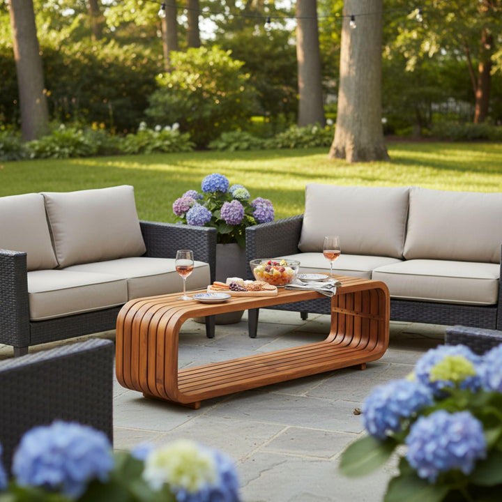 Merax Outdoor Acacia Wood Rectangular Coffee Table with Shelf, Patio Sofa Center Table for Backyard, Lawn, Balcony, No Assembly Needed, Teak 