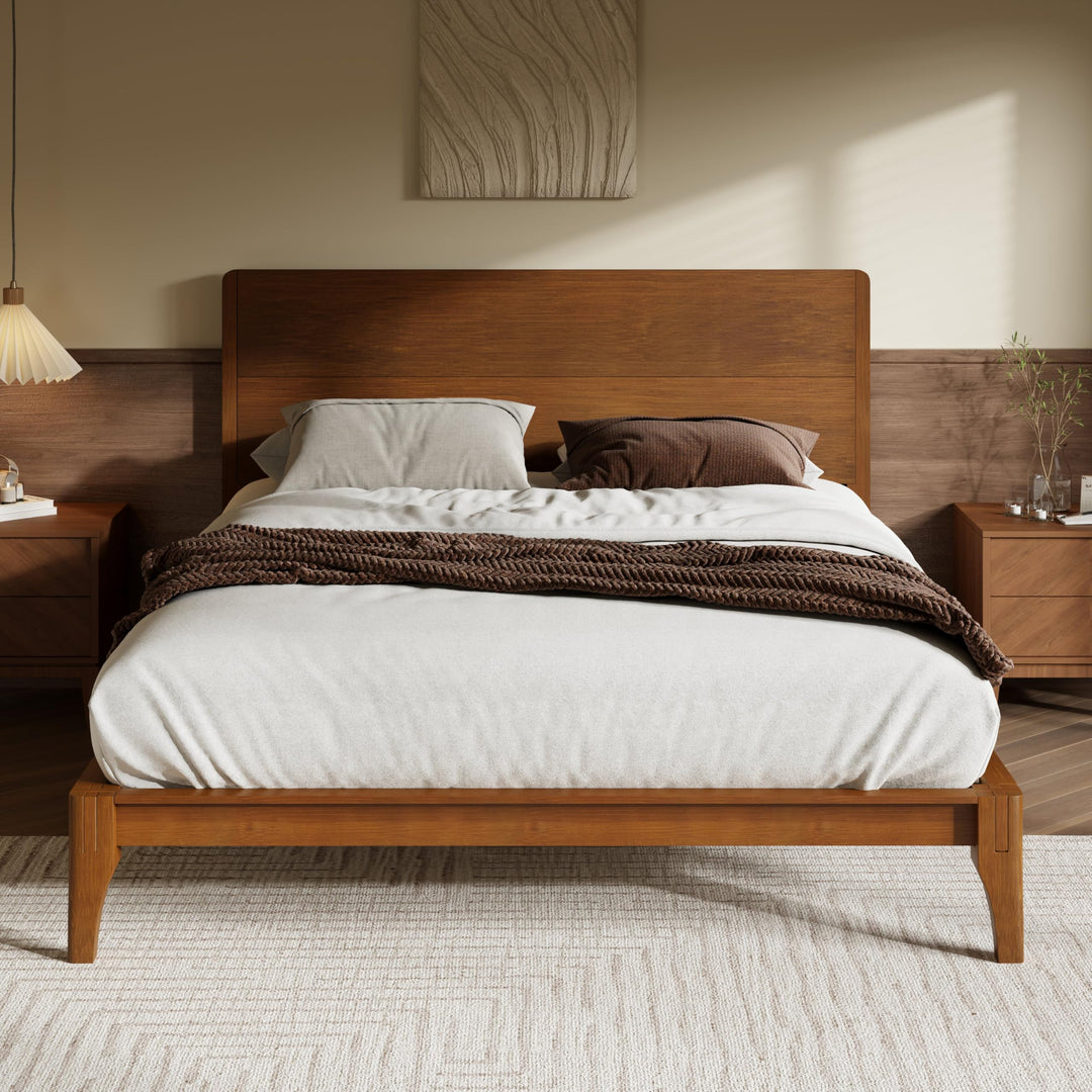 Merax Queen Size Bamboo Platform Bed Frame with Tall Headboard, Brown 