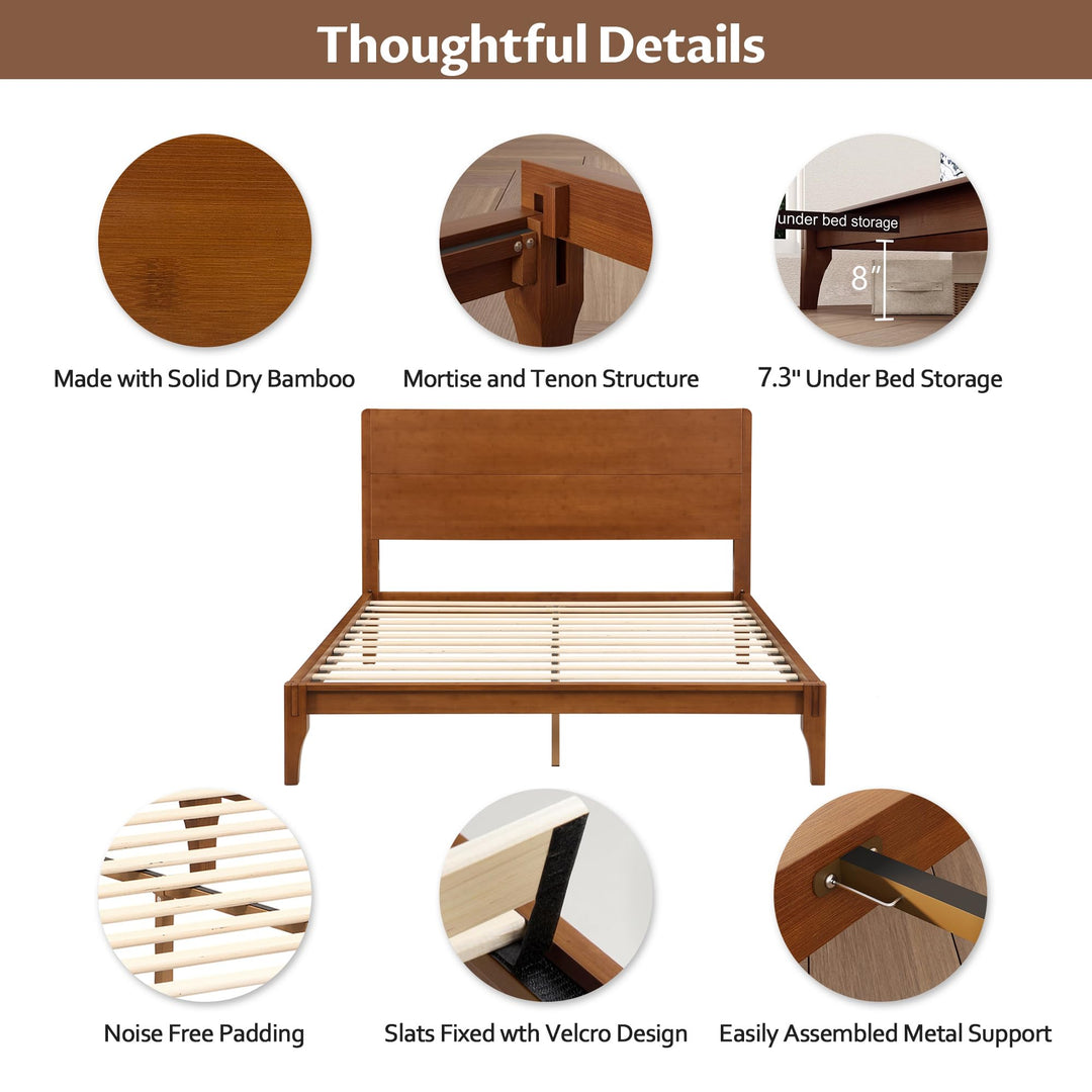 Merax Queen Size Bamboo Platform Bed Frame with Tall Headboard, Brown 