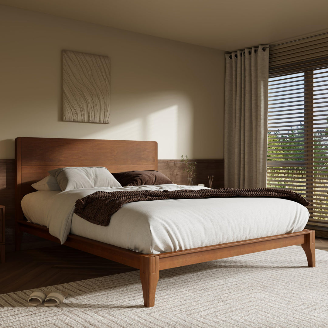 Merax Queen Size Bamboo Platform Bed Frame with Tall Headboard, Brown 