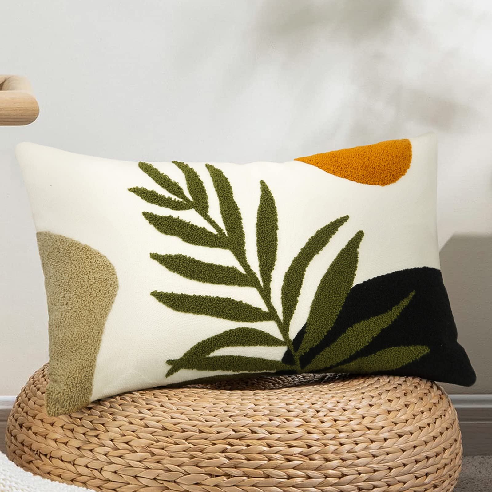Merrycolor Boho Lumbar Throw Pillow Covers 12x20 Tufted Abstract Mid Century Modern Pillowcases Bohemian Aesthetic Decorative Pillows, 1PC, Green and Black 