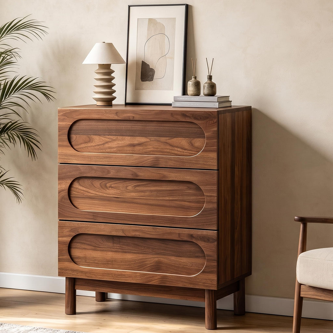 Mid Century Modern 3 Drawer Nightstand, Walnut 