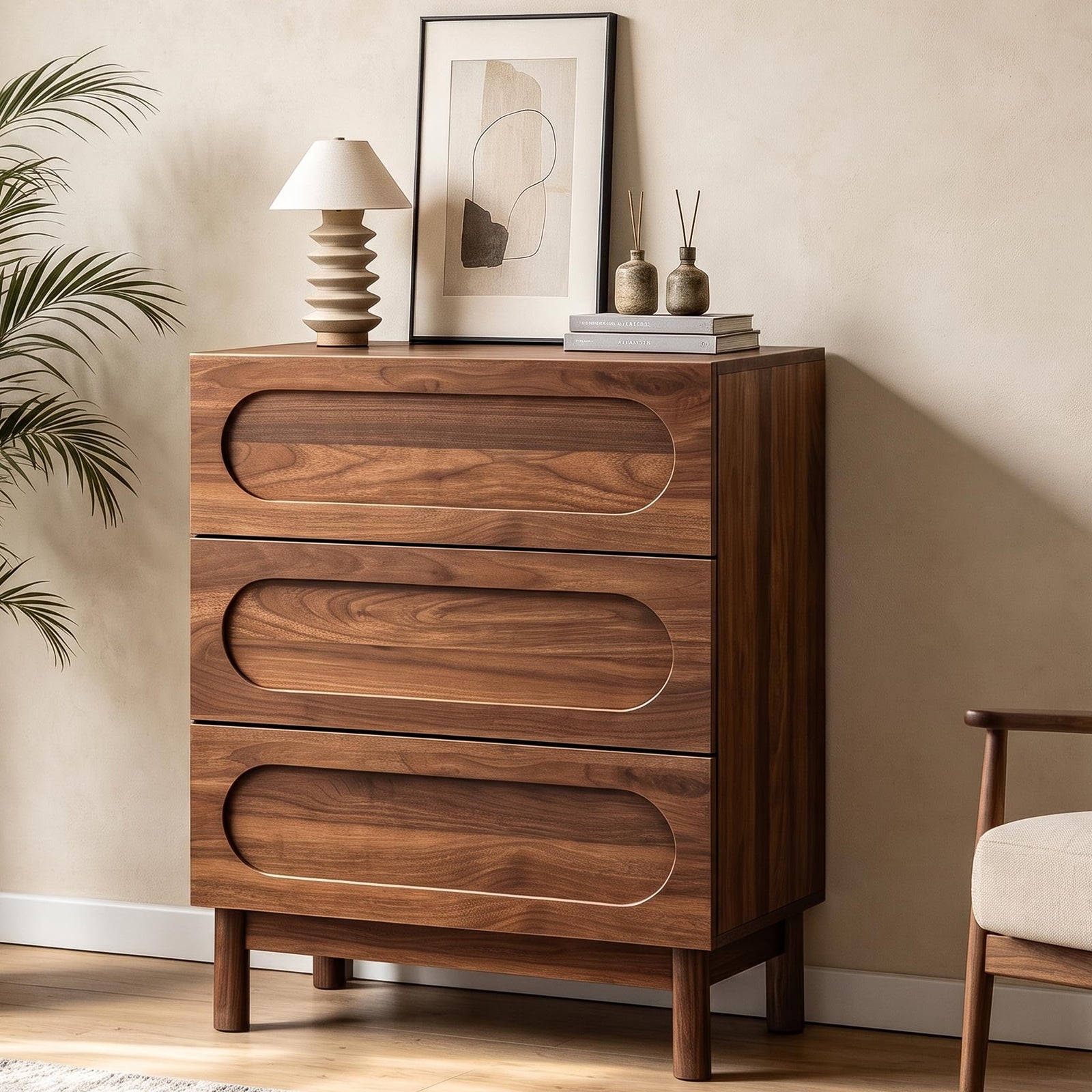 Mid Century Modern 3 Drawer Nightstand, Walnut 