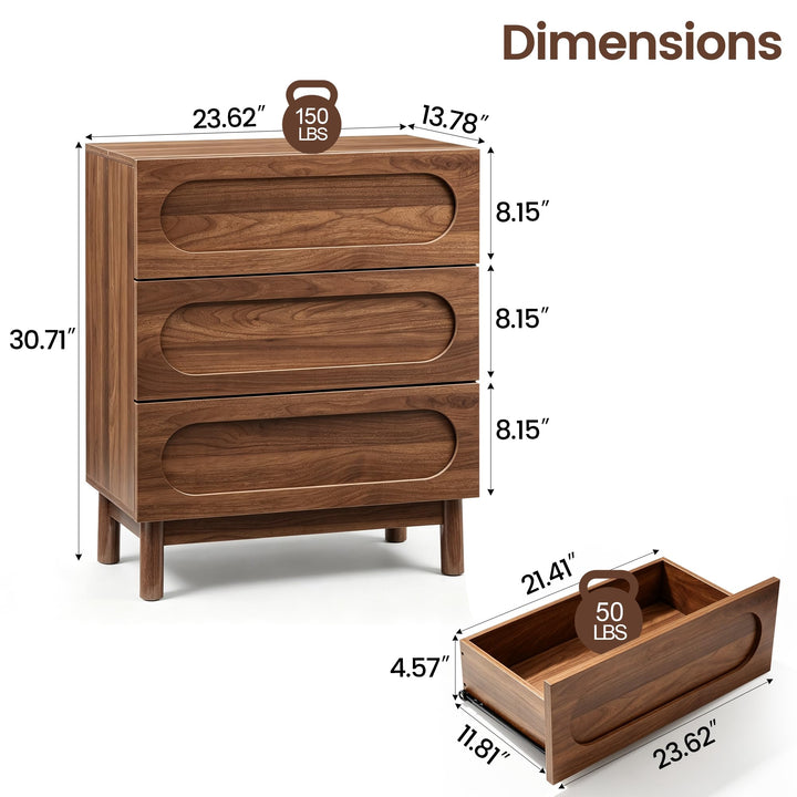 Mid Century Modern 3 Drawer Nightstand, Walnut 