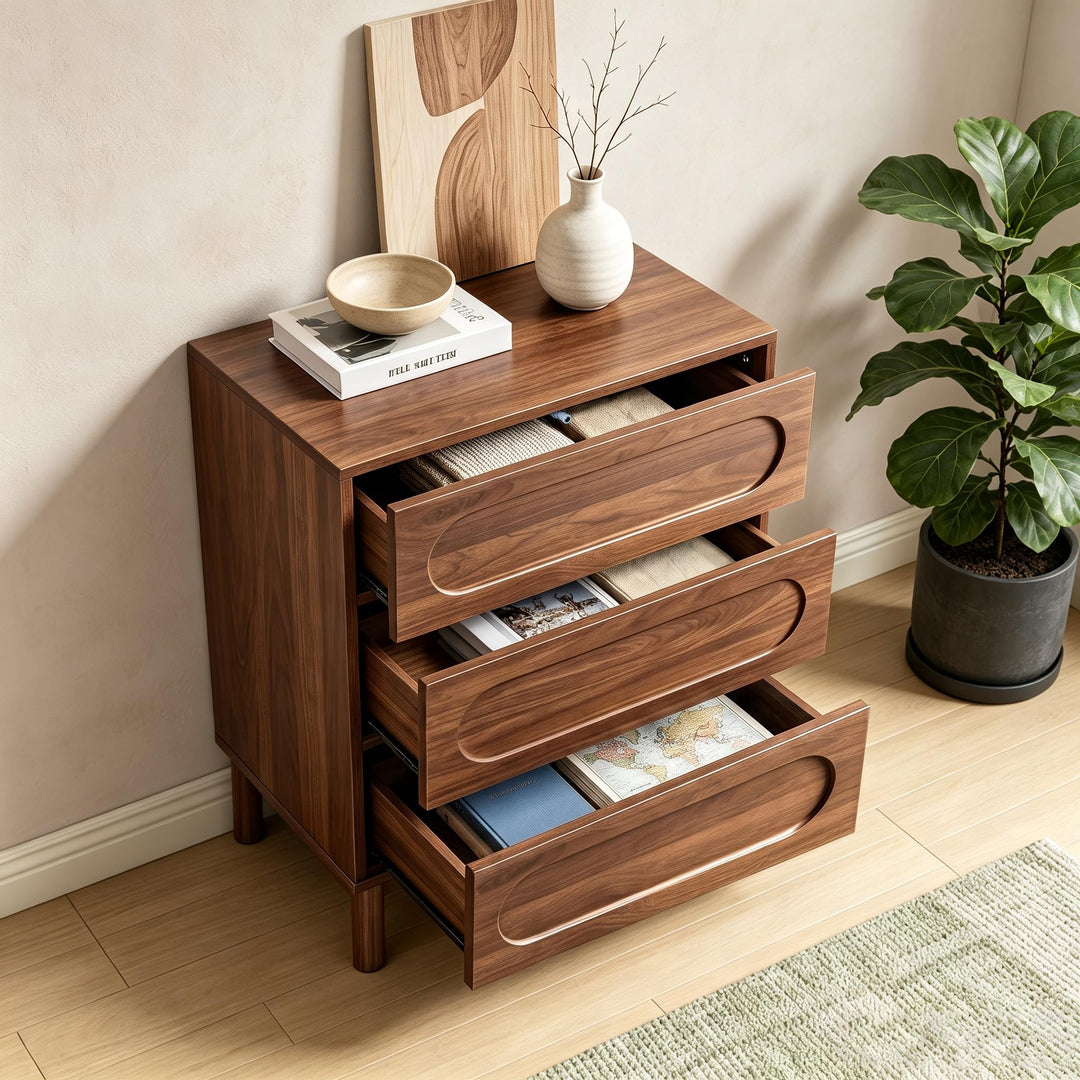 Mid Century Modern 3 Drawer Nightstand, Walnut 