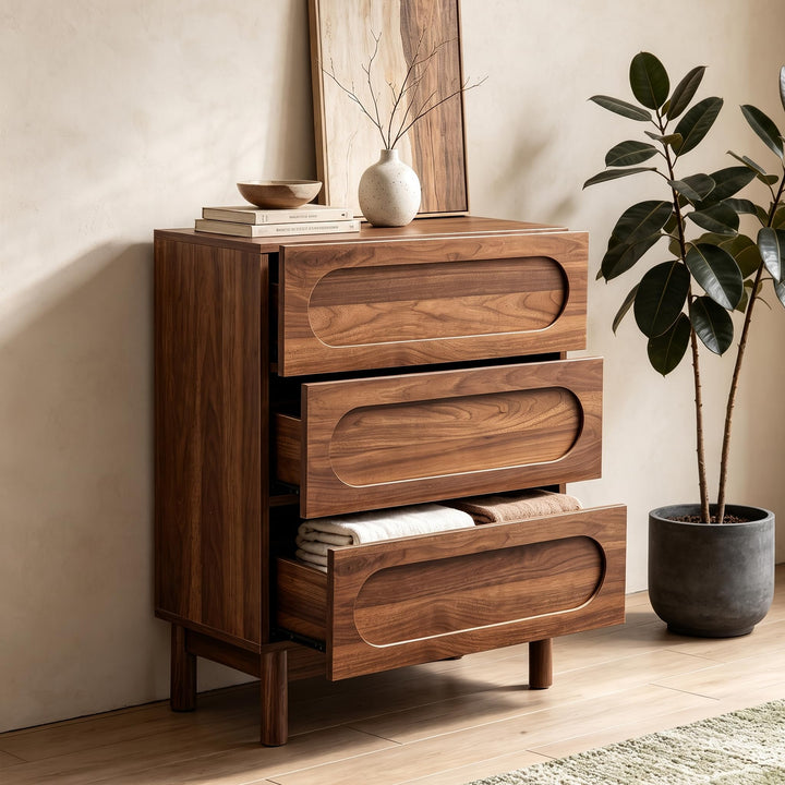 Mid Century Modern 3 Drawer Nightstand, Walnut 