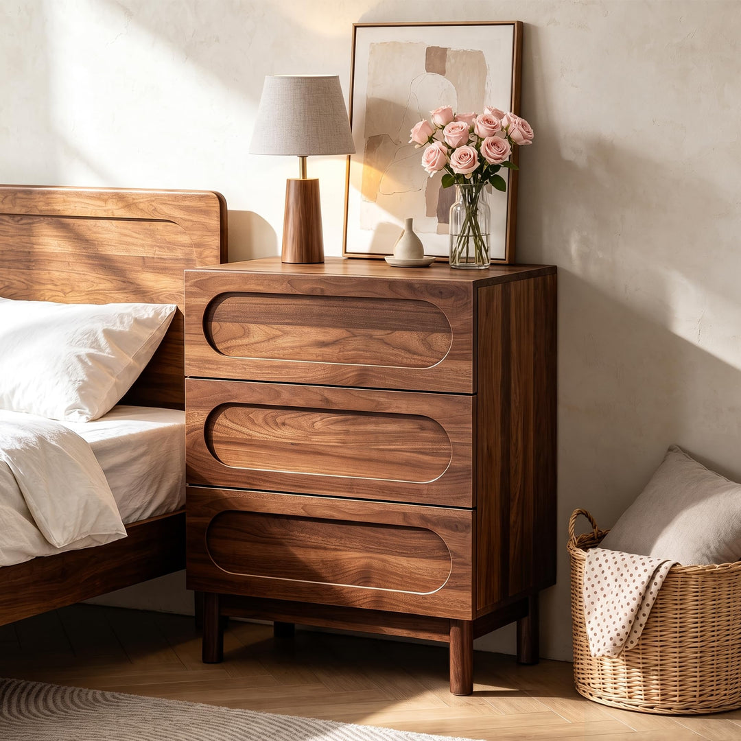 Mid Century Modern 3 Drawer Nightstand, Walnut 