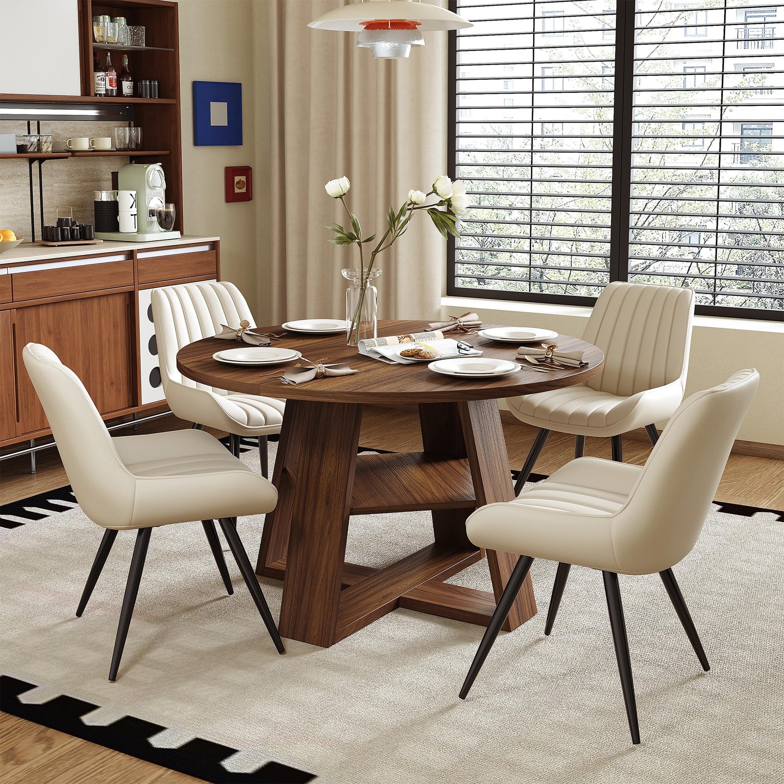 Miereirl Round Dining Table Set for 4, 43.31 Inch Round Kitchen Table and Chairs Set with Storage Shelf, Space Saving Dining Room Table Set, Modern Dining Set for Apartment, Kitchen, Dining Room 
